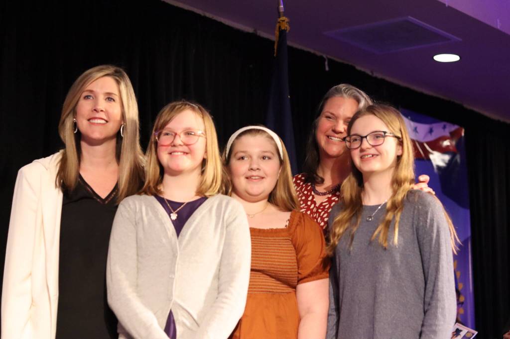 Jonson Kuhn / Juneau Empire 
Left to right, Lauren Sisler, Megyn Linstid, Alannah Zellhuber, Malinda Linstid and Anika Linstid pose for a photo after Sislers speech at Peratrovich Hall on Thursday during the Glacier Rotary Clubs second to last Pillars of America speaker series.