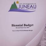 This is a photo of the print edition of the City and Borough of Juneaus budget book for the fiscal year 2024. (Clarise Larson / Juneau Empire File)