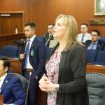 Rep. DeLena Johnson, R-Palmer, co-chair of the House Finance Committee, speaks in favor of an amendment to restore partial funding for a single Department of Law employee during a 45-minute debate on the proposal Tuesday. Such debates resulted in lots of discussion, but few changes in the Houses proposed budget for next year. (Mark Sabbatini / Juneau Empire)