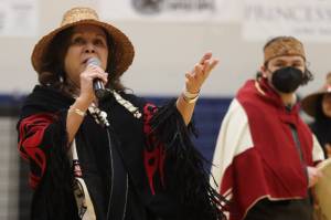 Nancy Barnes leads the Yees Ku.oo Dancers through a performance for the opening ceremony of the sixth annual Traditional Games this Saturday at Thunder Mountain High School. (Jonson Kuhn / Juneau Empire)