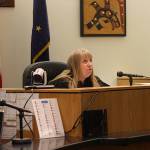 Judge Kirsten Swanson imposes strict conditions, including staying away from schools and other places children frequent, for Mitchell Thomas Watley to be released from jail after his arrest Sunday for allegedly placing transphobic notes in at least three public locations since Friday that referred to shooting children. Watley, who participated by phone from Lemon Creek Correctional Center, had his first hearing in the case Monday afternoon at the Juneau Courthouse. (Mark Sabbatini / Juneau Empire)