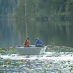 Beebuks Kookesh and Sam Fredrickson test out the rowboat at Hasselborg Creek cabin before they and Trevor Fredrickson went fishing at the mouth of the creek. They caught several fish. (Courtesy Photo / Mary Catharine Martin)