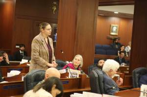 Mark Sabbatini / Juneau Empire
State Rep. Ashley Carrick, D-Fairbanks, offers an apology Thursday on the House floor for escalating tensions during a heated session on Wednesday when most members of the minority caucus staged a walkout over what they called a hostage situation involving education funding. A few other lawmakers also expressed similar sentiments.