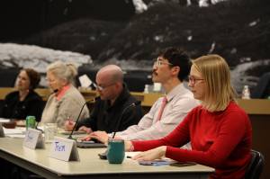 Assembly members listen to a discussion about the near and long-term future of Juneaus solid waste management during Talkin Trash work session held by members of the Assembly Public Works and Facilities Committee Thursday afternoon. (Clarise Larson / Juneau Empire)