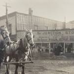 In the 1920s, prohibition closed bars nationwide. The Junction Store occupied the corner that is now the Triangle Club, operated for 76 years by three generations of the Thomas family. The handsome pair of dappled horses are the first drayage team of Reliable Transfer which started hauling in 1913. (Alaska State Library, Historical Collection P87-1049)
