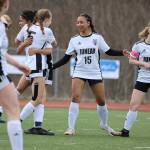 JDHS players celebrate a goal during a Saturday afternoon game against Ketchikan at Thunder Mountain High School. (Clarise Larson / Juneau Empire)