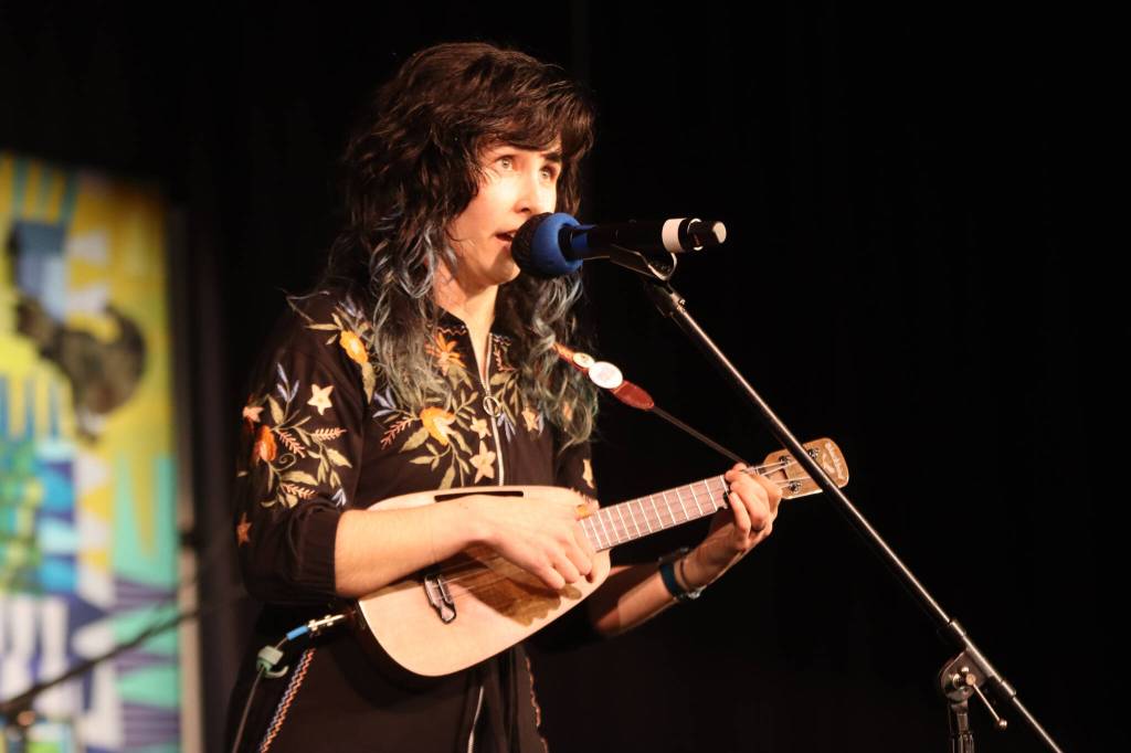 Seattle-based Molly Lewis Mollylele plays ballads on her ukulele for the first time on the Alaska Folk Festival Stage on Monday night at the Juneau Arts and Culture Center.