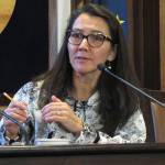U.S. Rep. Mary Peltola, D-Alaska, speaks to reporters after giving an address to state lawmakers in Juneau on Feb. 17. (AP Photo/Becky Bohrer)