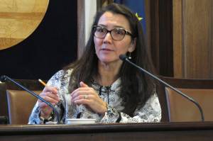 U.S. Rep. Mary Peltola, D-Alaska, speaks to reporters after giving an address to state lawmakers in Juneau on Feb. 17. (AP Photo/Becky Bohrer)