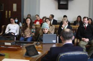 Mark Sabbatini / Juneau Empire
Juneau Montessori School student Caleb Schane, 13, testifies in favor of a bill increasing education funding during a Senate Finance Committee meeting Thursday.