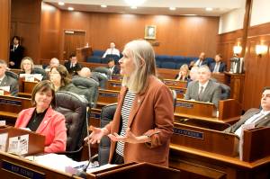 Mark Sabbatini / Juneau Empire 
State Rep. Andi Story, D-Juneau, discusses what she considers inadequacies in state education funding during floor debate Monday about the Houses proposed budget for the coming fiscal year. The budget approved by a 23-17 vote will next be considered by the Senate, with a compromise version likely drafted to resolve differences before the end of the session.