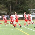 Members of the Crimson Bears mens soccer team run back to reset after scoring a goal against cross-town rival Thunder Mountain. The Crimson Bears beat the Falcons 8 to 0 in Monday nights game. (Courtesy Photo / Dana Zigmund)