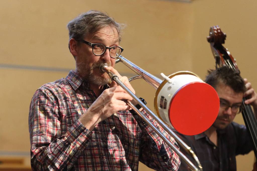 Michael Bucy along with fellow bandmates Tom Meyers, Sam Roberts and Luke Weld perform as The Standards on Tuesday night at Ḵunéix̱ Hídi Northern Light United Church for Mudrooms season closer. (Jonson Kuhn / Juneau Empire)