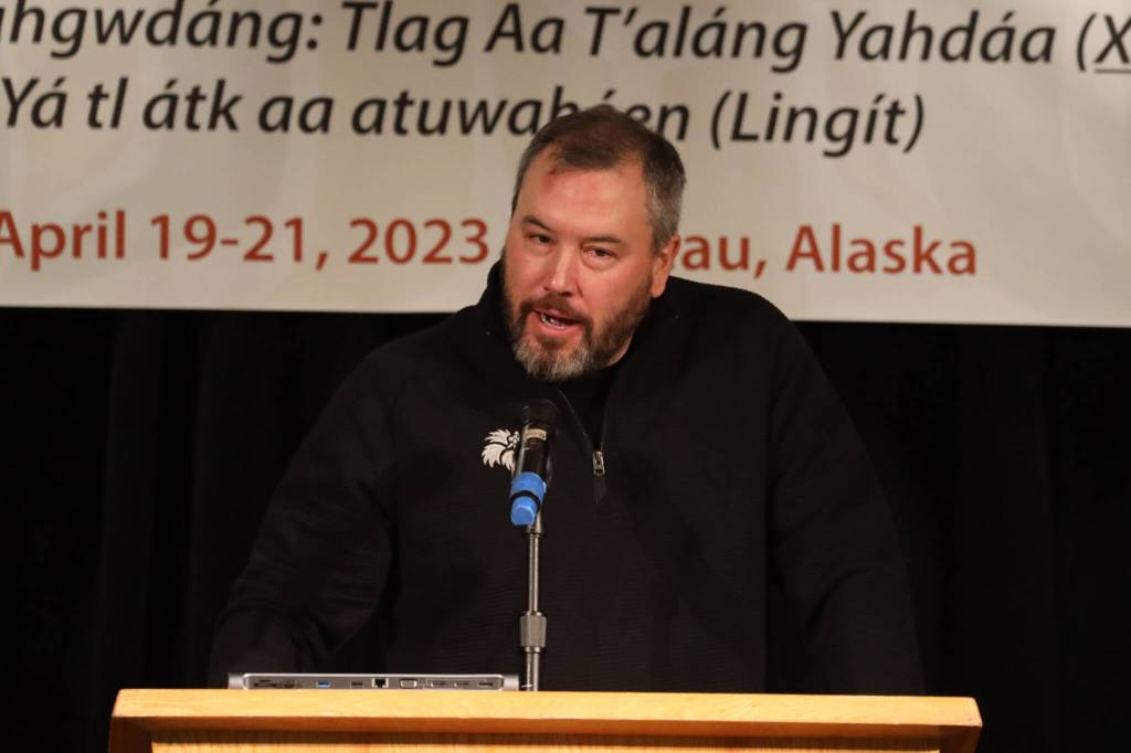 Charles Clement, president and CEO of Southeast Alaska Regional Health Consortium, speaks to the Tlingit and Haida Indian Tribes of Alaska Tribal Assembly Thursday morning about new updates and changes happening for the health consortium this year and in the future. (Clarise Larson / Juneau Empire)
