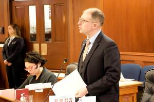 Mark Sabbatini / Juneau Empire 
State Sen. Jesse Kiehl, D-Juneau, explains the provisions of his bill making confidential the addresses of law enforcement officers, their families, and victims of sexual assault and domestic violence during Mondays floor session. The bill passed unanimously, as did a related bill making peer support programs for law enforcement officers confidential.