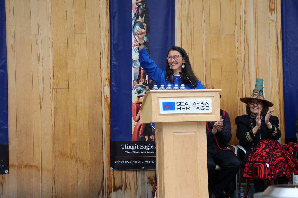 U.S. Rep. Mary Peltola, a Democrat and the first Alaska Native person to represent Alaska in Congress, speaks to the crowd at the dedication ceremony of the Kootéeyaa Deiyí, Totem Pole Trail, held Saturday in downtown Juneau at Heritage Plaza. (Clarise Larson / Juneau Empire)