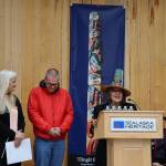 From left to right, City and Borough of Juneau Deputy Mayor Maria Gladziszewski, City Manager Rorie Watt and SHI President Rosita Worl laugh together during a speech at the dedication ceremony of the Kootéeyaa Deiyí, Totem Pole Trail, held Saturday in downtown Juneau at Heritage Plaza. (Clarise Larson / Juneau Empire)