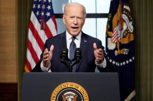 President Joe Biden speaks from the Treaty Room in the White House on April 14, 2021, about the withdrawal of the remainder of U.S. troops from Afghanistan. (AP Photo / Andrew Harnik)