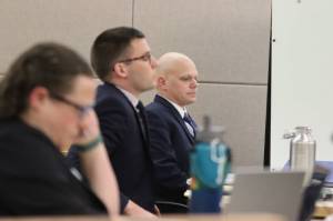 Jason Traver, sitting furtherest away, with defense attorney Nicholas Ambrose and state prosecuting attorney Jessalyn Gillum, awaits the jurys verdict on Friday after a weeks long trial concluded. For a case that initially had started in 2019, Traver was ultimately found not guilty of second-degree assault.