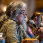 Boarding school survivor Richard Muir Jr., Two Dogs, speaks about his experience during a Road to Healing event at the Tulalip Gathering Hall in Marysville, Washington on Sunday, April 23, 2023. The tour is lead by United States Secretary of the Interior Deb Haaland and Department of the Interior Assistant Secretary Bryan Newland. (Annie Barker / The Herald)