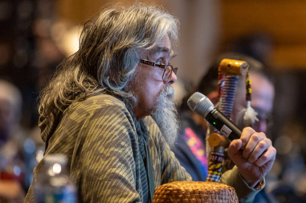 Boarding school survivor Richard Muir Jr., Two Dogs, speaks about his experience during a Road to Healing event at the Tulalip Gathering Hall in Marysville, Washington on Sunday, April 23, 2023. The tour is lead by United States Secretary of the Interior Deb Haaland and Department of the Interior Assistant Secretary Bryan Newland. (Annie Barker / The Herald)