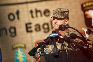 Brig. Gen. John Lubas address the press in regards to the Black Hawk helicopter crash, Thursday, March 30, 2023, outside of Fort Campbell in Christian County, Ky. There have been three U.S. military helicopter crashes and a rollover recorded so far this year, in Alabama, Kentucky, and Alaska. Two of the crashes involved Black Hawk helicopters; the third crash and the rollover involved Apache helicopters. (Liam Kennedy /The Tennessean)