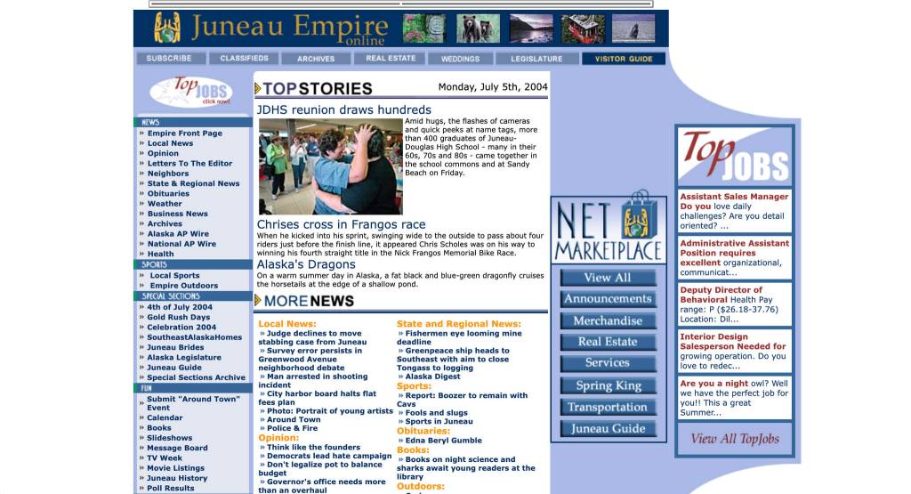 The Juneau Empires homepage on July 5, 2004, shows a major upgrade in design and amount of content compared to its early years. (Screenshot of juneauempire.com from the Internet Archive)