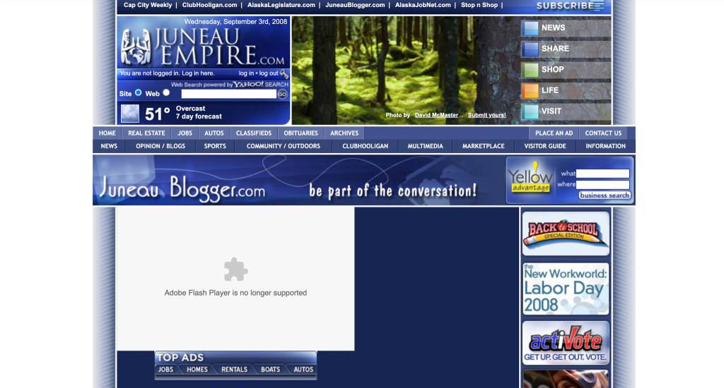 The homepage of the Juneau Empires website on Sept. 3, 2008, features an empty box where multimedia content by the now-obsolete Adobe Flash once appeared. (Screenshot of juneauempire.com from the Internet Archive)