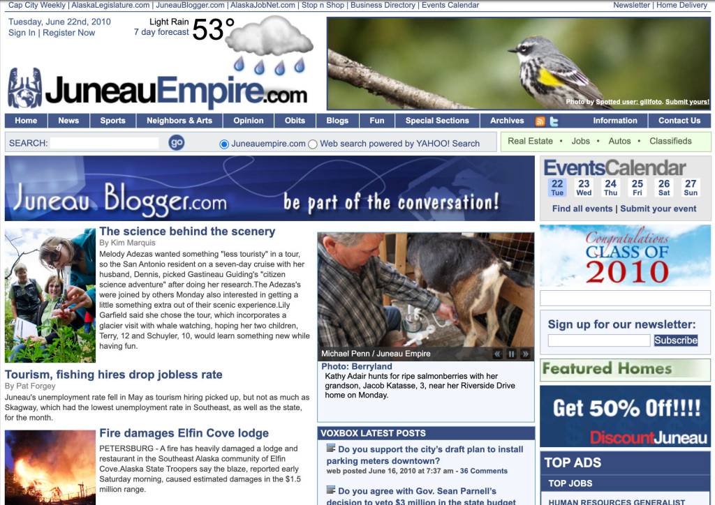 The Juneau Empires website takes another major jump forward in presentation and content by 2010. (Screenshot of juneauempire.com from the Internet Archive)