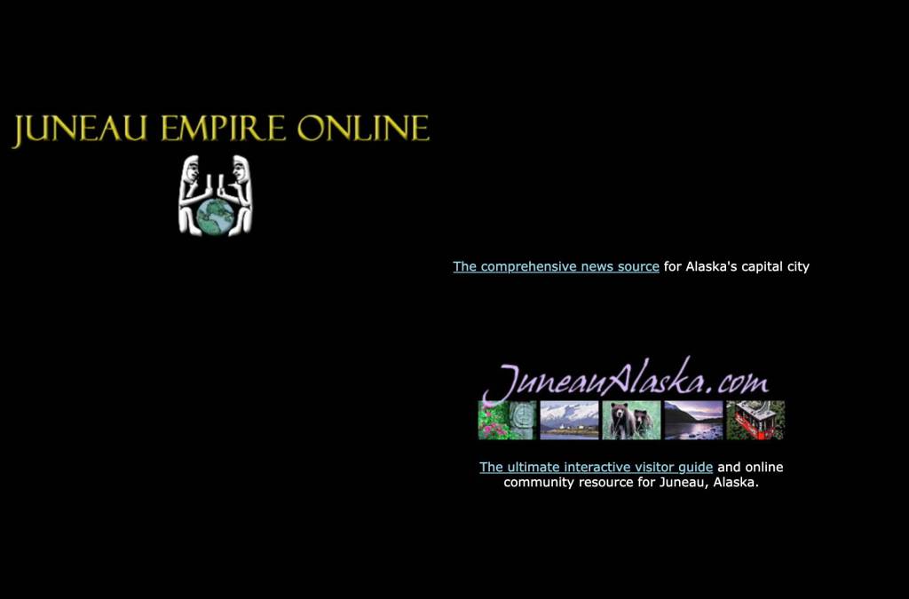 A largely empty splash screen greets visitors to juneauempire.com on June 15, 2000, when the newspaper was trying to highlight its new juneaualaska.com website intended as visitor and community guide. Users needed to click a link to reveal the real news homepage. (Screenshot of juneauempire.com from the Internet Archive)