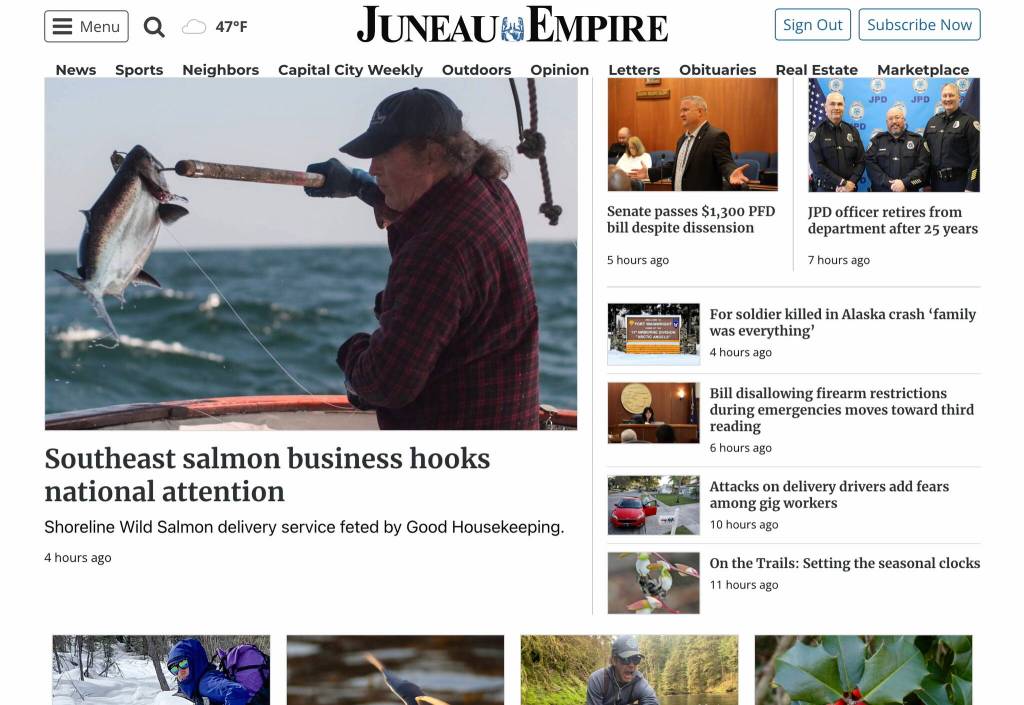 The Empires homepage today is heavy on photos, which would have resulted in unbearably long wait times when the site debuted 27 years ago. (Screenshot from juneauempire.com)