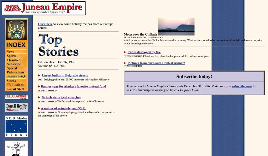 The Juneau Empire’s website on Dec. 26, 1996, features a sparse and ragged layout. It also reminded readers free access was ending in six days. (Screenshot of juneauempire.com from the Internet Archive)