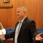 Clarise Larson / Juneau Empire
State Sen. Mike Shower, R-Wasilla, speaks in opposition to a bill allocating 75% of spendable Permanent Fund earnings to state programs and 25% to dividends during Mondays floor session.