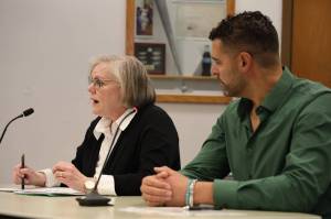 Travel Juneau President Liz Perry (left) and board member McHugh Pierre (right) discuss its budget at the Assemblys Finance Committee Meeting last Wednesday. According to City Finance Director Jeff Rogers, the largest portion of the organizations annual budget (around 80%) comes from the citys hotel bed tax revenue. (Clarise Larson / Juneau Empire)