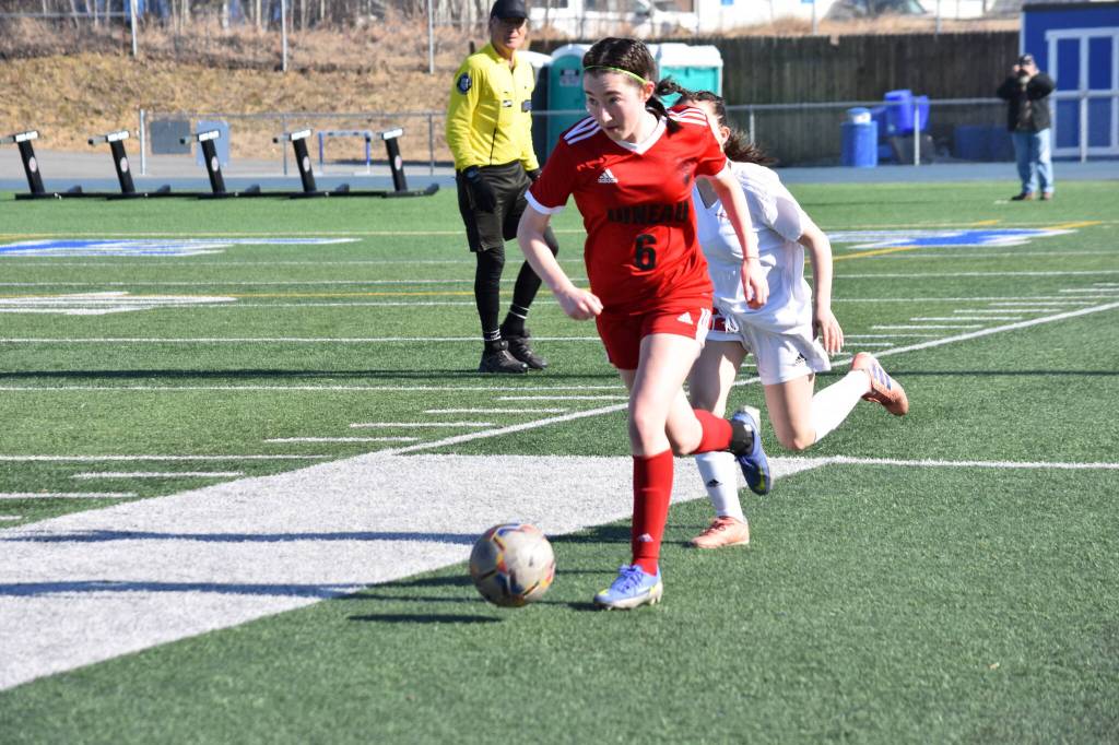 JDHS sophomore Cerys Hudson (6) takes the ball down field against North Pole High School on Saturday for the Bears last of three non-conference games in Anchorage. (Courtesy Photo / Matt Dusenberry)