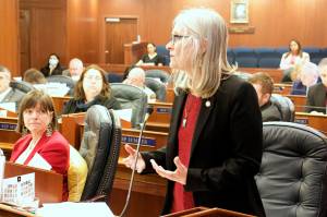 Mark Sabbatini / Juneau Empire
State Rep. Andi Story, D-Juneau, explains during Wednesdays floor session how a bill she is sponsoring will add to the number of Alaska Native languages officially recognized by the state and expand the role of a Native language preservation council.