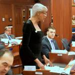 Sen. Elvi Gray-Jackson, an Anchorage Democrat, speaks to members of the Alaska Senate about a bill she sponsored that would make Juneteenth a paid state holiday in Alaska. The senate passed the bill 16-4 Thursday morning. (Mark Sabbatini / Juneau Empire)