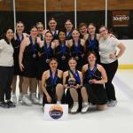 Team Forget Me Not poses with coaches Leah Farzin and assistant coach Emily Bowman after taking first place in the Teen Synchro Skating Division at the Ice Sports Industry 2023 West Coast Championship in Tacoma, Washington. (Courtesy Photo / Marianne Oelund)