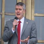 Rep. Andrew Gray, an Anchorage Democrat, speak to a crowd outside at the steps of the Alaska State Capitol in January. Gray introduced a bill Monday that would make short-term rental registration a requirement and limit operators to just one unit per person in Alaska. (Mark Sabbatini/ Juneau Empire File)