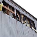 Burnt pieces of insulation can be seen falling from a privately owned airport hangar at the Juneau International Airport after Capital City Fire/Rescue extinguished a fire in the building Thursday morning. (Clarise Larson / Juneau Empire)