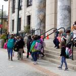 Students from Glacier Valley Elementary School leave the Alaska State Capitol after a visit Thursday, during which they met with local representatives and toured various parts of the building including the House floor. Their visit occurred the same day the Senate passed a $680 increase to the per-student public school funding formula, which leaders of the majority caucus said was one of their top two legislative priorities of the session. But the bill is unlikely to pass the House, whose leaders favor a one-time increase of that amount for the coming year. (Mark Sabbatini / Juneau Empire)