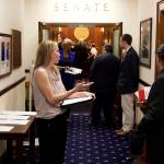 State senators leave the chamber after adjourning for the year Wednesday evening, leaving the fate of passing the bill for next years budget  and a special session if they fail to do so  to the House. The House gaveled in at 8 p.m., four hours before the adjournment deadline. (Mark Sabbatini / Juneau Empire)