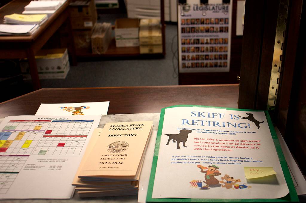 A retirement card for Skiff Lobaugh, human resources manager, awaits signatures from legislators and other employees at the documents window in the Alaska State Capitol on Thursday. Lobaugh and other longtime employees who are departing are getting official recognitions and citations from lawmakers during floor sessions as part of their sendoff. (Mark Sabbatini / Juneau Empire)