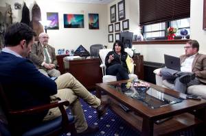 State House Speaker Cathy Tilton, R-Wasilla, and House Rules Committee Chair Craig Johnson, R-Anchorage, talk to reporters in the speakers office Friday afternoon about the Houses priorities during the last 13 days of this years scheduled legislative session. Both legislators said a cap on spending is a priority of the Republican-led House majority as the budget for next year and the size of this years Permanent Fund dividend remain the biggest unresolved issues. (Mark Sabbatini / Juneau Empire)