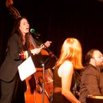 Bassist Mali Obomsawin leads Tlingit drummer Ed Littlefield and other musicians in a chant in her Indigenous language of Abenaki during a performance of her song Blood Quantum as the finale of a concert by the Julia Keefe Indigenous Big Band on Friday at Elizabeth Peratrovich Hall. She said the chant honors her peoples matriarchs and grandmothers, and a willingness to face or fight anything that diminishes their health and the health of the community. (Mark Sabbatini / Juneau Empire)