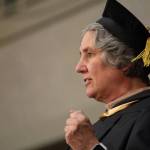 University of Alaska President Pat Pitney congratulates University of Alaska Southeast graduates at the 2023 commencement ceremony held Sunday afternoon. (Clarise Larson / Juneau Empire)