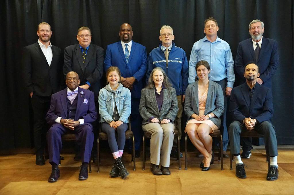 The Alaska School Activities Association 2023 High School Hall of Fame inductees are, front row left to right: Harold Wilson, Allie Ostrander, Stacey Wayne, Izabelle Ith, and Milo Griffin. Top row, l-r: Josh Gemmell, Bill Stoltze, Armand Ruffin, Robert Rychnovsky, Brandon Drumm, and Rus Schreckenghost. (Brad Potter / ASAA)