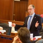 State Sen. Jesse Kiehl, D-Juneau, explains the details of his bill banning PFAS chemicals for most firefighting during the Senate floor session on Monday. The bill passed unanimously and now goes to the House for consideration. (Mark Sabbatini / Juneau Empire)