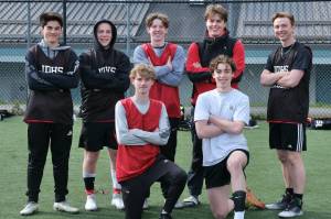 Klas Stolpe / Juneau Empire
The Juneau-Douglas High School: Yadaa.at Kalé Crimson Bears boys soccer seniors are (back row left to right) Gabe Cheng, Micah Brown, Kean Buss, Jack Schwarting and Tommy Pearson. (Front, left to right) Will Robinson and Tayten Bennetsen.