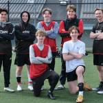 The Juneau-Douglas High School: Yadaa.at Kalé Crimson Bears boys soccer seniors are (back row left to right) Gabe Cheng, Micah Brown, Kean Buss, Jack Schwarting and Tommy Pearson. (Front, left to right) Will Robinson and Tayten Bennetsen. (Klas Stolpe / Juneau Empire)